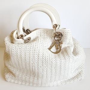 SALE$ Lady DIOR Tresse Tote Bag White Leather RARE